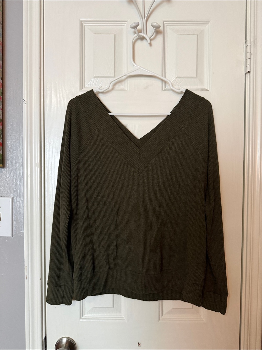 V-Neck Long Sleeve Women's Top in Olive Green